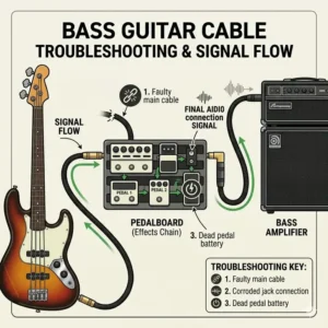 An illustrative flow chart showing how to troubleshoot signal issues in the path from a bass, through pedals, via a bass guitar cable to an amp.