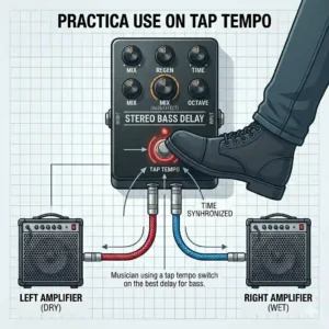 A close-up illustration of a musician’s foot using the tap tempo function on the best delay for bass.