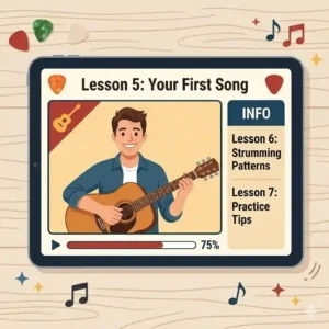 A digital tablet showing interactive online video lessons, part of a learn to play guitar kit.