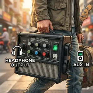 A musician carrying a lightweight and affordable bass amp for portable use.