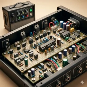 The internal solid-state components and circuitry of a modern affordable bass amp.