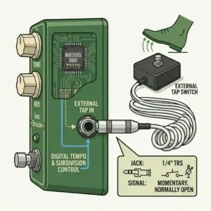 Illustration of the 1/4 inch input for an external footswitch on an analog delay pedal with tap tempo.