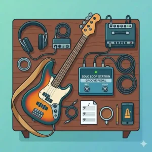 A flat-lay illustration of a home practice setup featuring a bass guitar loop pedal.