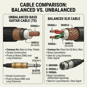 A clear infographic comparison illustrating the internal wiring and connector differences between an unbalanced TS bass guitar cable and a balanced XLR cable.