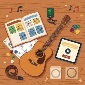 A colorful progress chart to track daily lessons from a learn to play guitar kit.