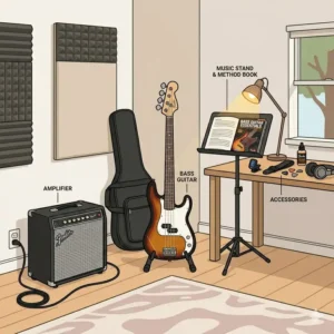 An organized home practice space featuring a compact bass amp package setup near a music stand.