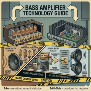 Illustrated guide comparing the warm tube tone versus solid state technology in a bass amplifier bass system.