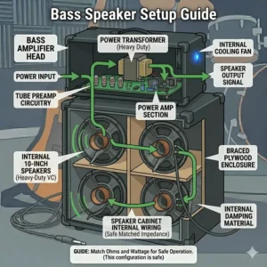 A technical cutaway drawing showing the premium internal components of a heavy-duty bass cabinet and head.