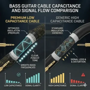 Infographic explaining how low capacitance in the best bass guitar cable preserves low-end punch and high-frequency clarity without signal loss.