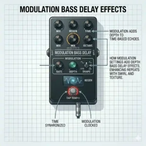A detailed technical diagram explaining how modulation depth adds unique textures to the best delay for bass repeats.