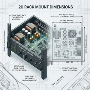Diagram showing the standard 19-inch rack mount dimensions for a bass power amplifier.