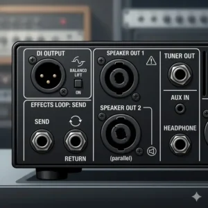 A detailed view of the direct output connections on a top bass amp.