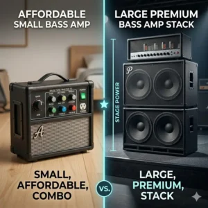 A side-by-side size and power comparison between an affordable bass amp and a premium stack.