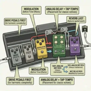 Best practices for signal chain placement of an analog delay pedal with tap tempo on a guitar pedalboard.