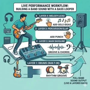 A workflow illustration showing a live performance setup with a bass guitar loop pedal.
