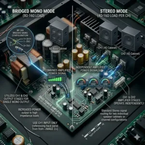 Configuration guide showing the difference between bridged and stereo modes on a bass power amplifier
