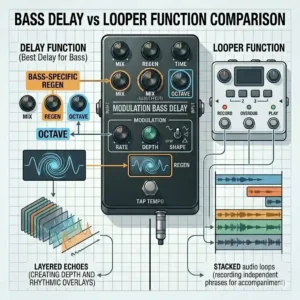 A comparison chart highlighting the key differences between a standard looper and the functional features of the best delay for bass.