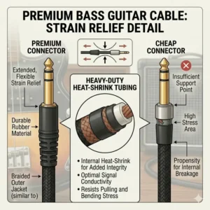 A close-up illustration focusing on the heavy-duty metal connector and molded rubber strain relief of a durable bass guitar cable.