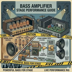 Large concert stage layout featuring a powerful bass amplifier bass equipment setup for live performance.