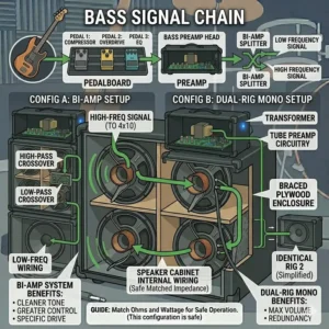 A stylistic illustration comparing the aesthetic differences of a vintage and modern bass cabinet and head.