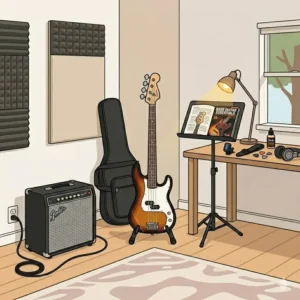 An introductory bass guitar method book and online lesson access card bundled with a bass amp package.
