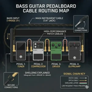 Stage wiring layout diagram demonstrating how to connect your pedalboard and amplifier using the best bass guitar cable setup.