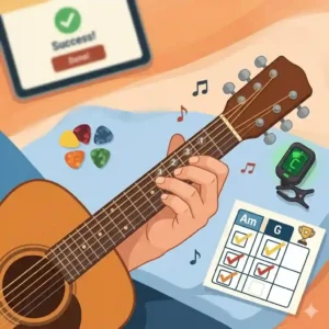 A cheerful illustration of a new player performing a simple song learned with a learn to play guitar kit.