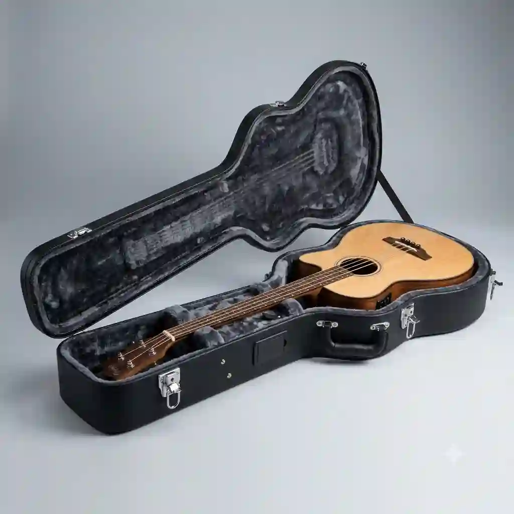 A premium hardshell acoustic electric bass guitar case shown open with a plush interior.