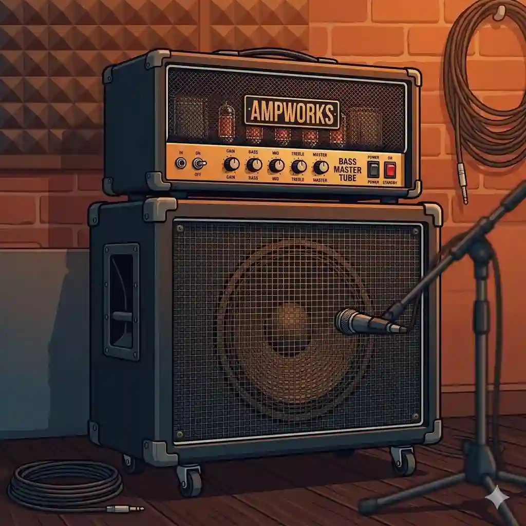 1: A professional bass guitar tube amp setup featured in a recording studio.