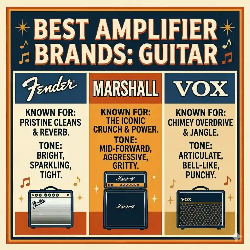 A diverse collection of top-rated guitar amplifiers representing the best amplifier brands guitar enthusiasts recommend.
