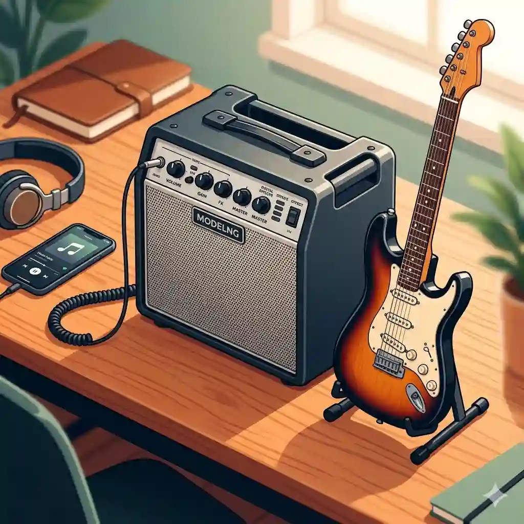 A modern desktop modeling amplifier and an electric guitar on a wooden desk, showcasing the best at home guitar amp setup.