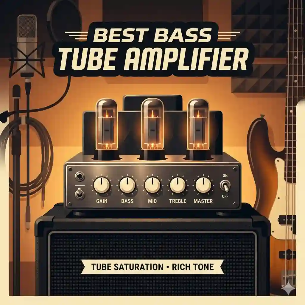 A premium best bass tube amplifier glowing on top of a speaker cabinet in a professional music studio.