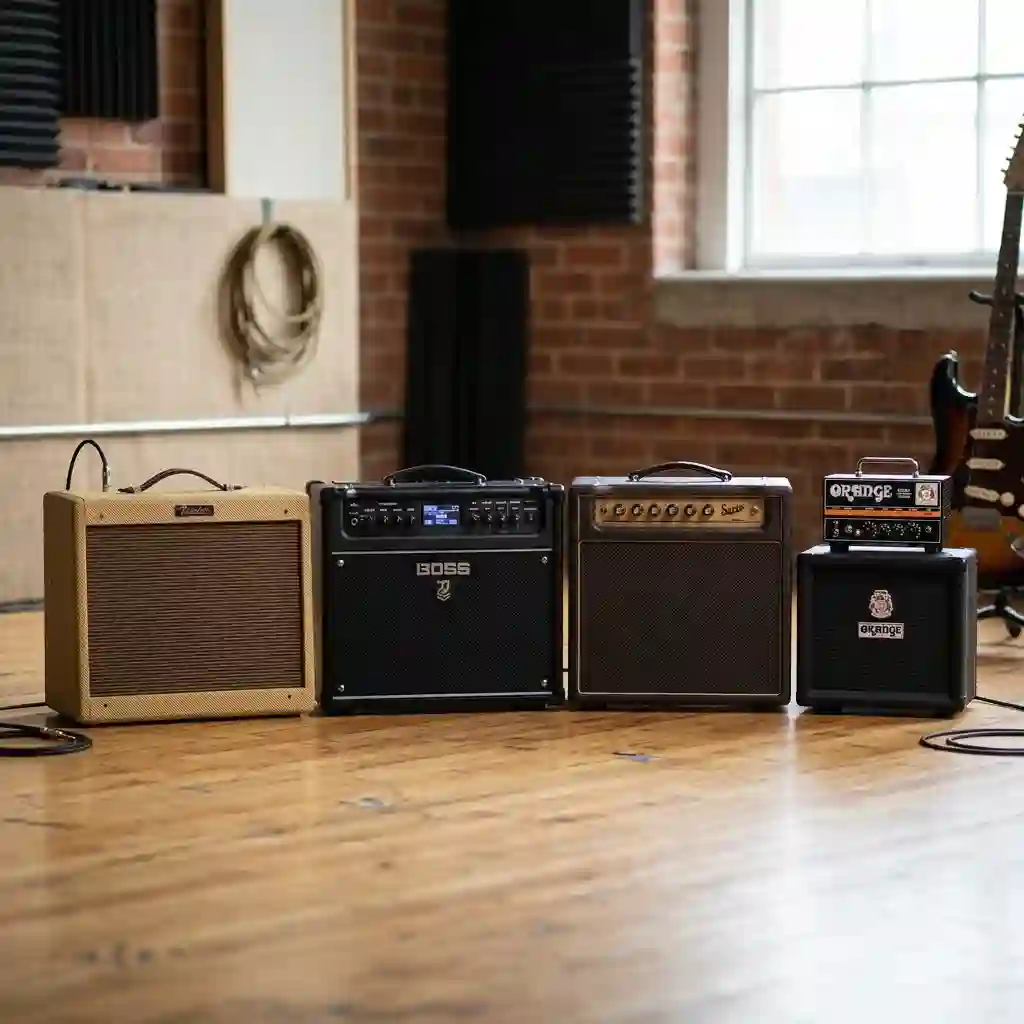 A selection of the best guitar amp under 500 dollars lined up in a music studio.