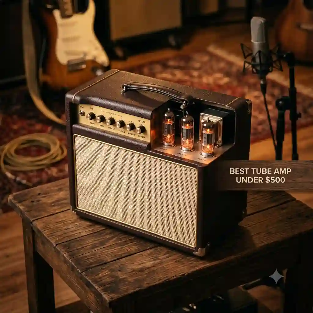 A vintage-style guitar amplifier glowing on a wooden table, showcasing the best tube amp under 500 for home studio setups.