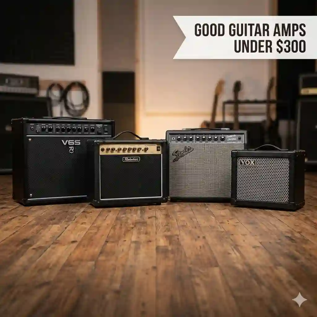 A professional lineup of different good guitar amps under 300 dollars in a music studio showroom.