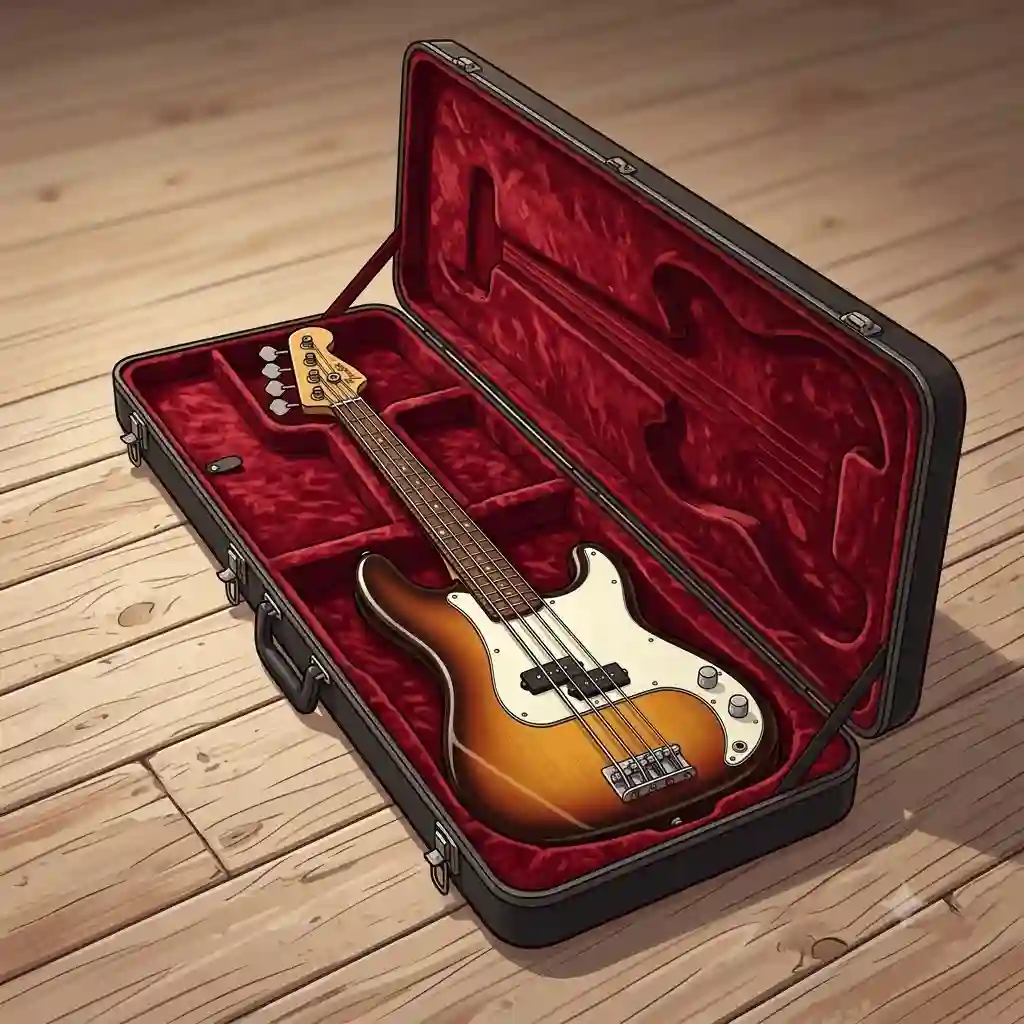 A premium hardshell p bass guitar case open on a wooden floor, displaying a sunburst precision bass nestled inside the plush interior.