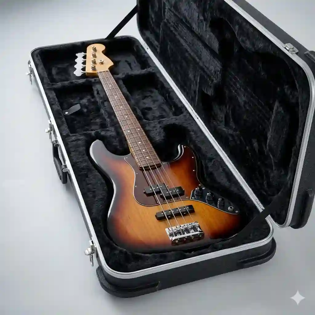 Premium electric bass guitar resting securely inside an open bass hard case with black plush interior lining.
