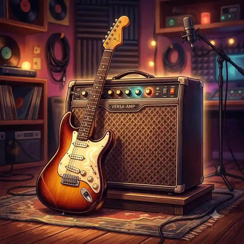 A premium electric guitar leaning against the best all around amp in a professional music studio.