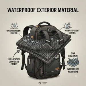 Close-up diagram of the waterproof exterior fabric on a durable bass guitar gig bag