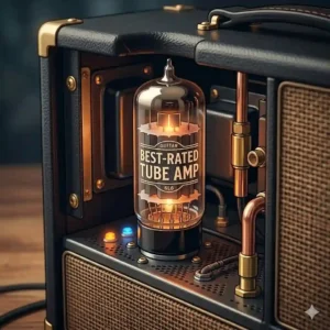 2. A close-up illustration of a glowing vacuum tube inside one of the best rated guitar amps, highlighting warm vintage tone.