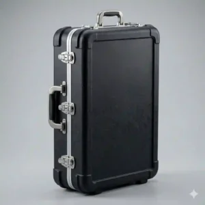 Closed heavy-duty hardshell bass hard case showing the rugged exterior shell, heavy-duty latches, and carrying handle.
