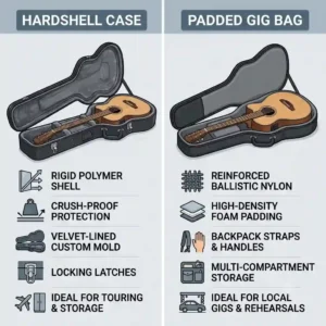 Illustration comparing a hardshell acoustic electric bass guitar case and a padded gig bag.
