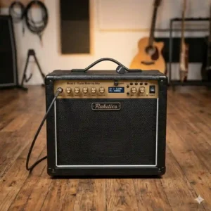 A versatile digital modeling combo amplifier on a wooden floor representing good guitar amps under 300 for beginners.