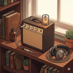 A compact tube amplifier placed neatly on a bookshelf in a cozy living room corner, serving as the best at home guitar amp.
