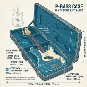 An illustrated sizing chart showing the interior dimensions of a standard p bass guitar case to ensure a perfect instrument fit.