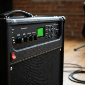 A versatile digital modeling guitar amplifier sitting on a wooden floor, representing our top choice for the best guitar amp under 500 dollars.
