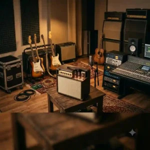 A wide panoramic studio illustration displaying diverse musical gear surrounding the best tube amp under 500 options.