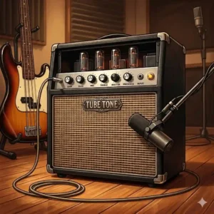 Close-up diagram of the top control panel on a tube bass amp combo highlighting the gain, EQ, and master volume settings.