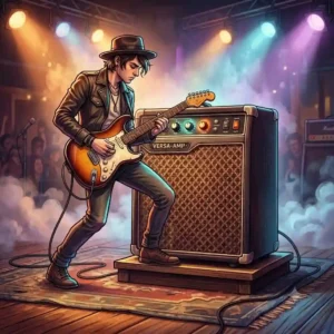A musician playing electric guitar on stage with the best all around amp for live performances.