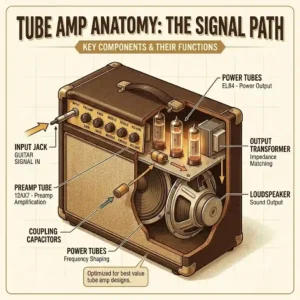 A detailed cross-section diagram explaining the internal signal path and vacuum tube layout of the best tube amp under 500.